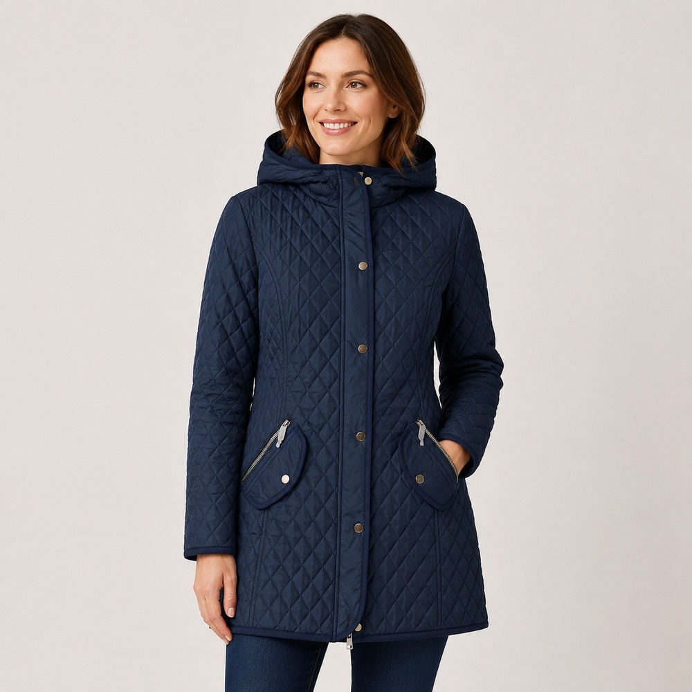 LA Coalition Womens Navy Blue Quilted Mid-Length Jacket Gold Hardware DPJ 5008